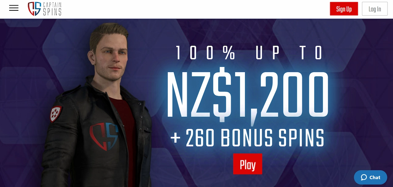 Captain Spins Casino homepage with bonus banner