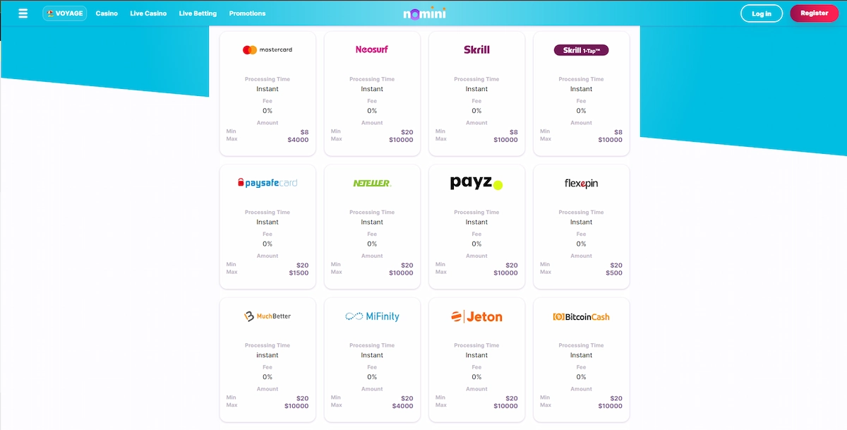 Nomini Casino Payment Methods