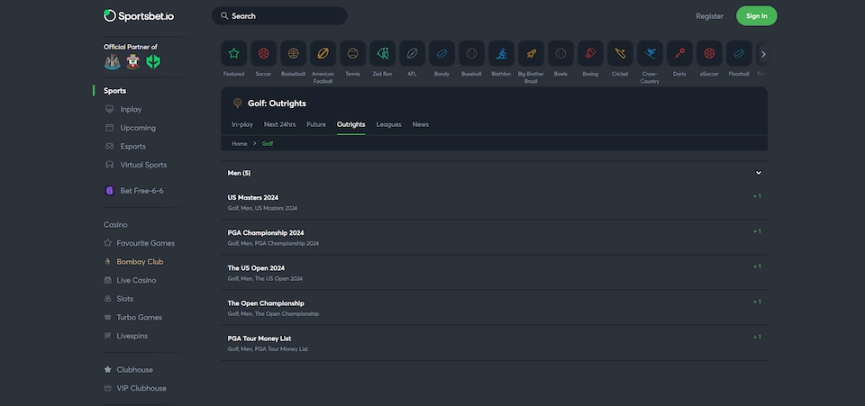 sportsbet.io golf selection