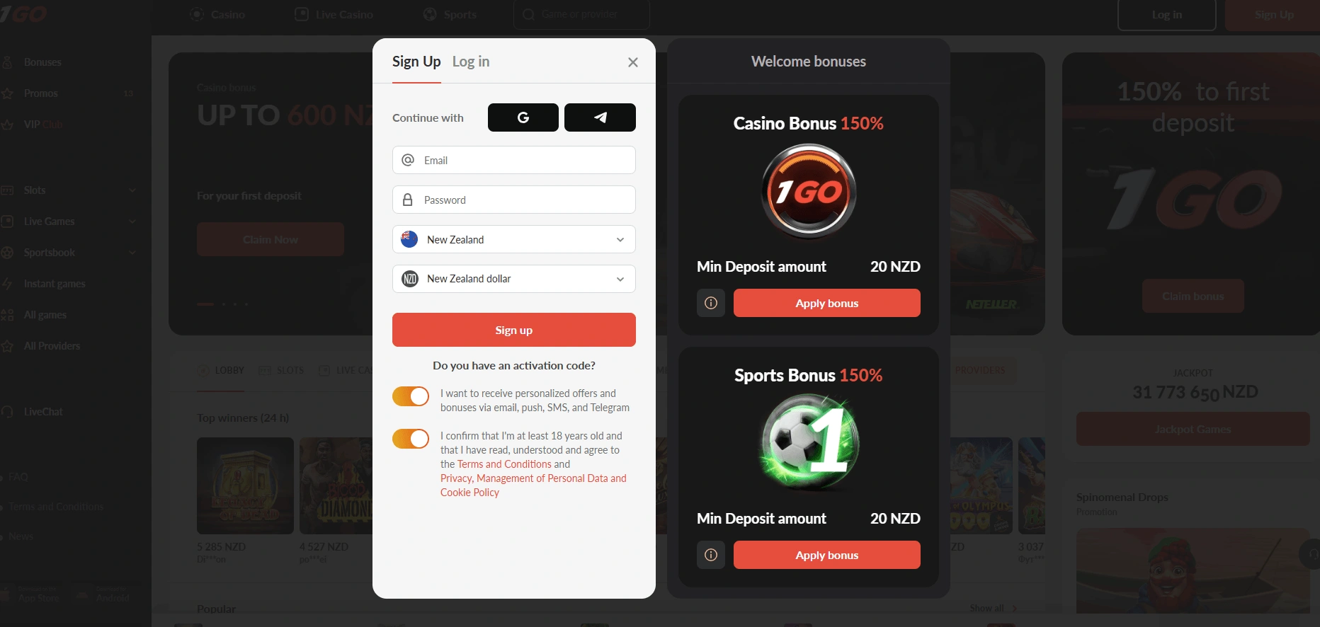 1GO casinos bonus Bet Kiwi New Zealand